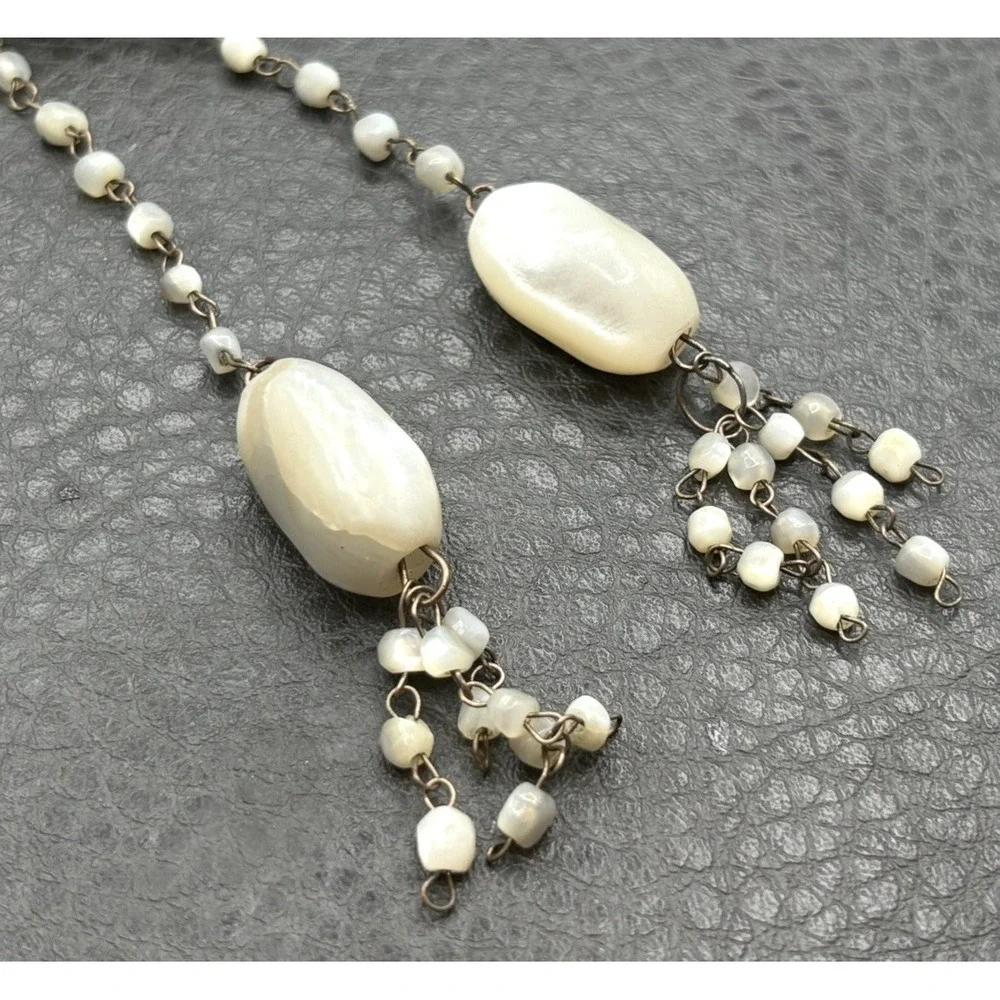 VTG ART DECO FLAPPER NECKLACE MOTHER OF PEARL NUGGET BEAD TASSEL TIE LARIAT 42
